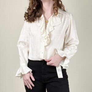 Vintage 100% Linen Ruffle Lace Cottagecore Whimsigoth Victorian Shirt Blouse Top